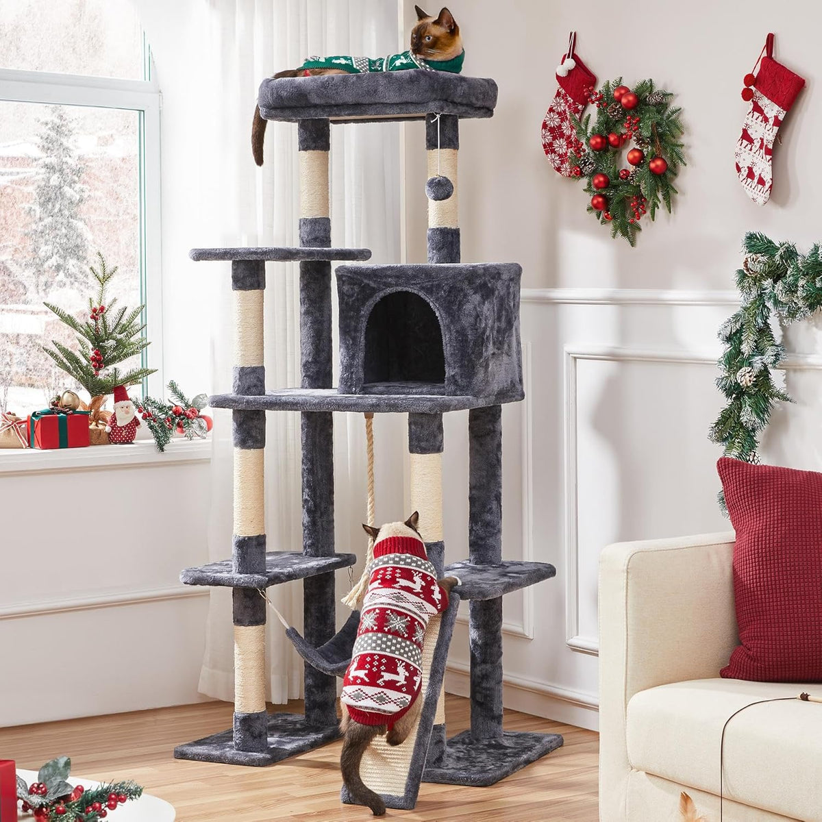 63-Inch Durable Large Cat Tree for Indoor Heavy Cats, Tall Tower Design