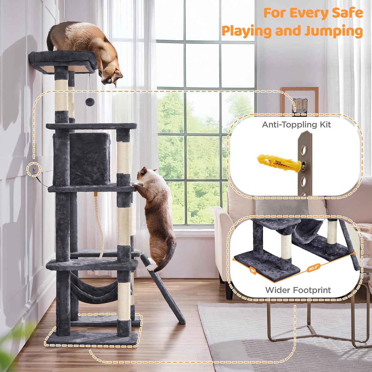63-Inch Durable Large Cat Tree for Indoor Heavy Cats, Tall Tower Design