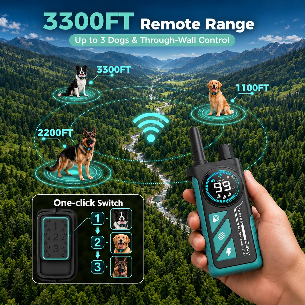Sevy 2-Pack 2-In-1 Shock Collars for Dogs - 3300FT Range, Waterproof, 4 Modes (Beep,Vibration,Static Shock,Auto Bark), Color Screen Remote, Rechargeable Mechanical Training Tool for Small-Medium-Large Dogs, Hiking Compatible