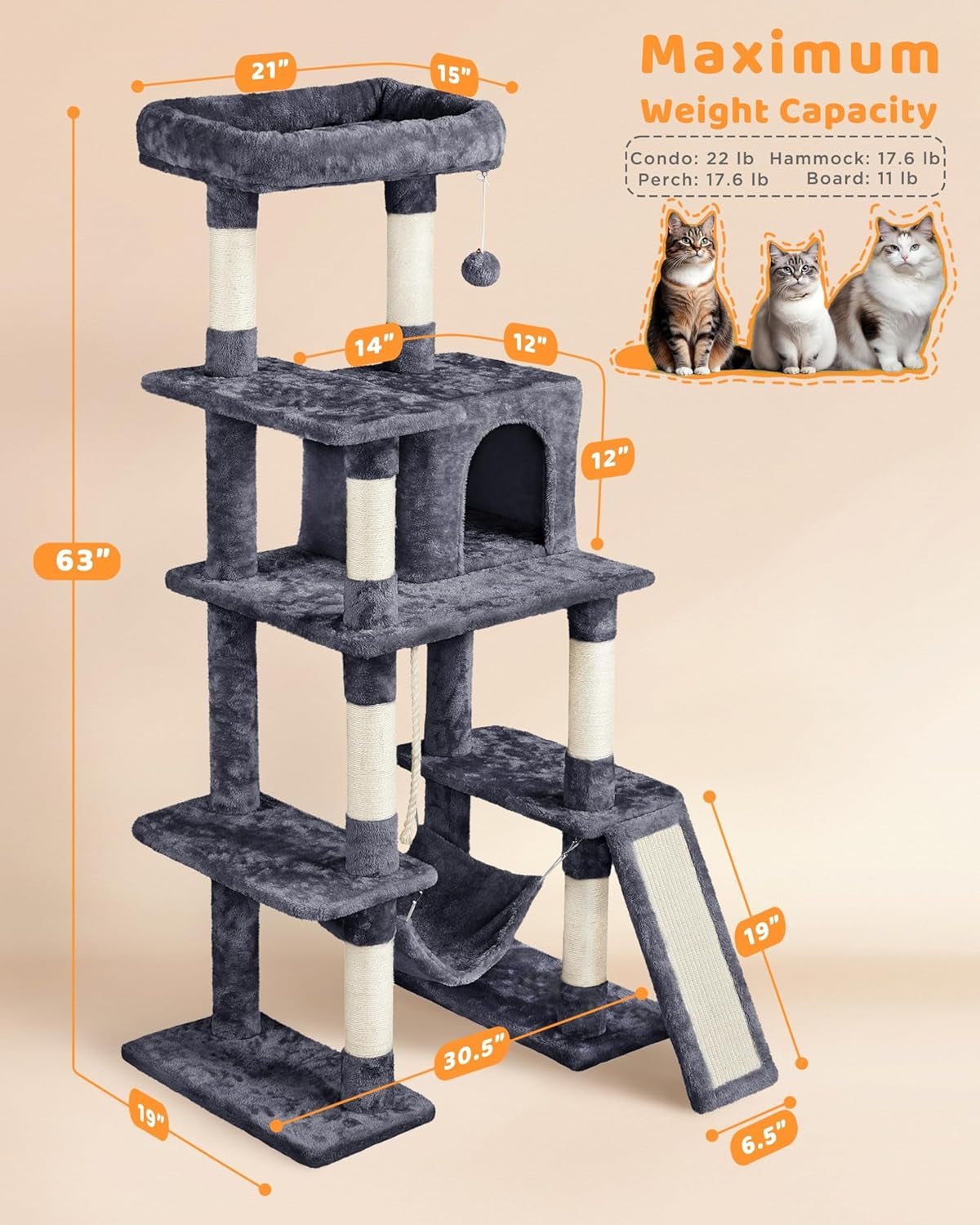 63-Inch Durable Large Cat Tree for Indoor Heavy Cats, Tall Tower Design