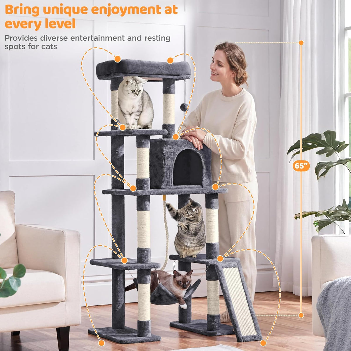 63-Inch Durable Large Cat Tree for Indoor Heavy Cats, Tall Tower Design